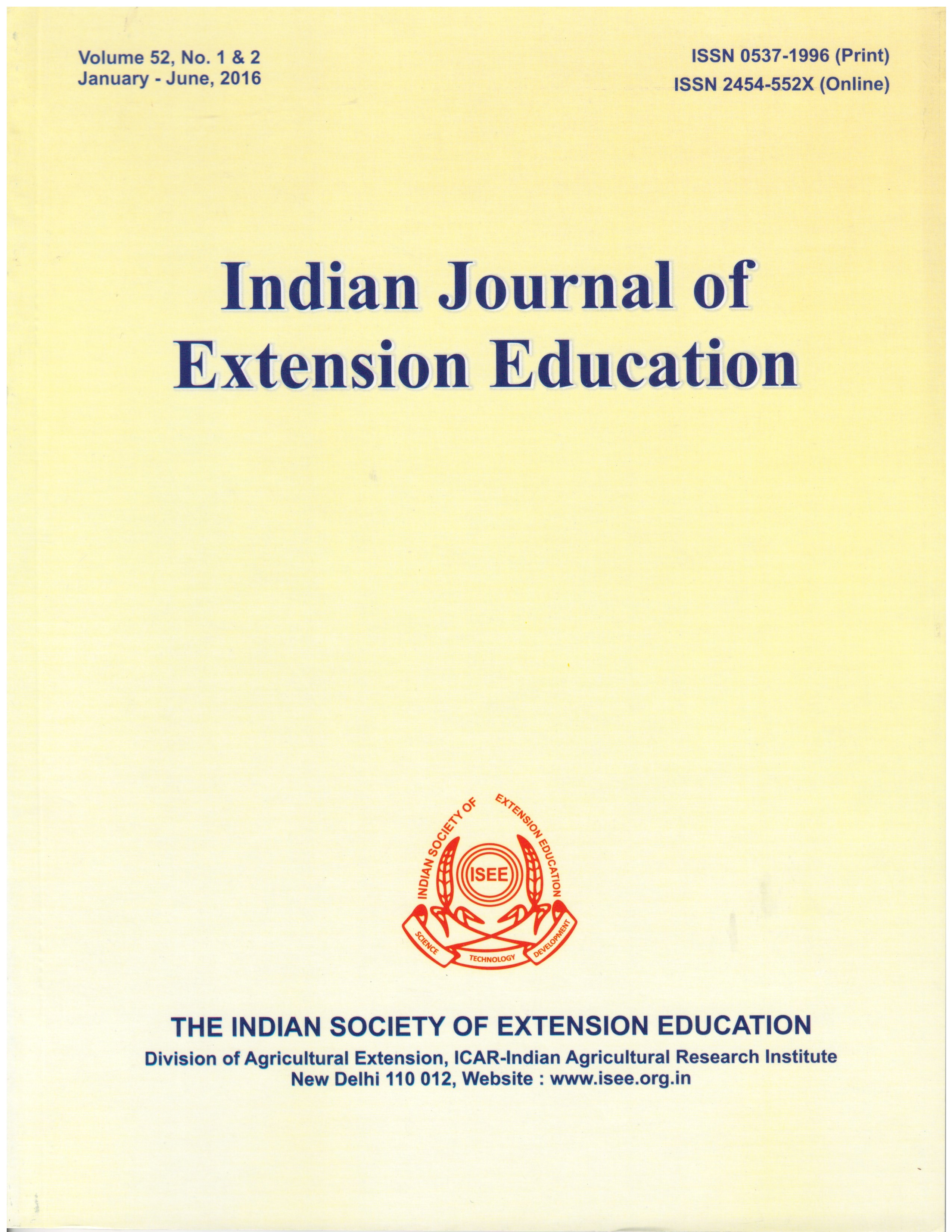 					View Vol. 52 No. 1&2 (2016): Indian Journal of Extension Education
				