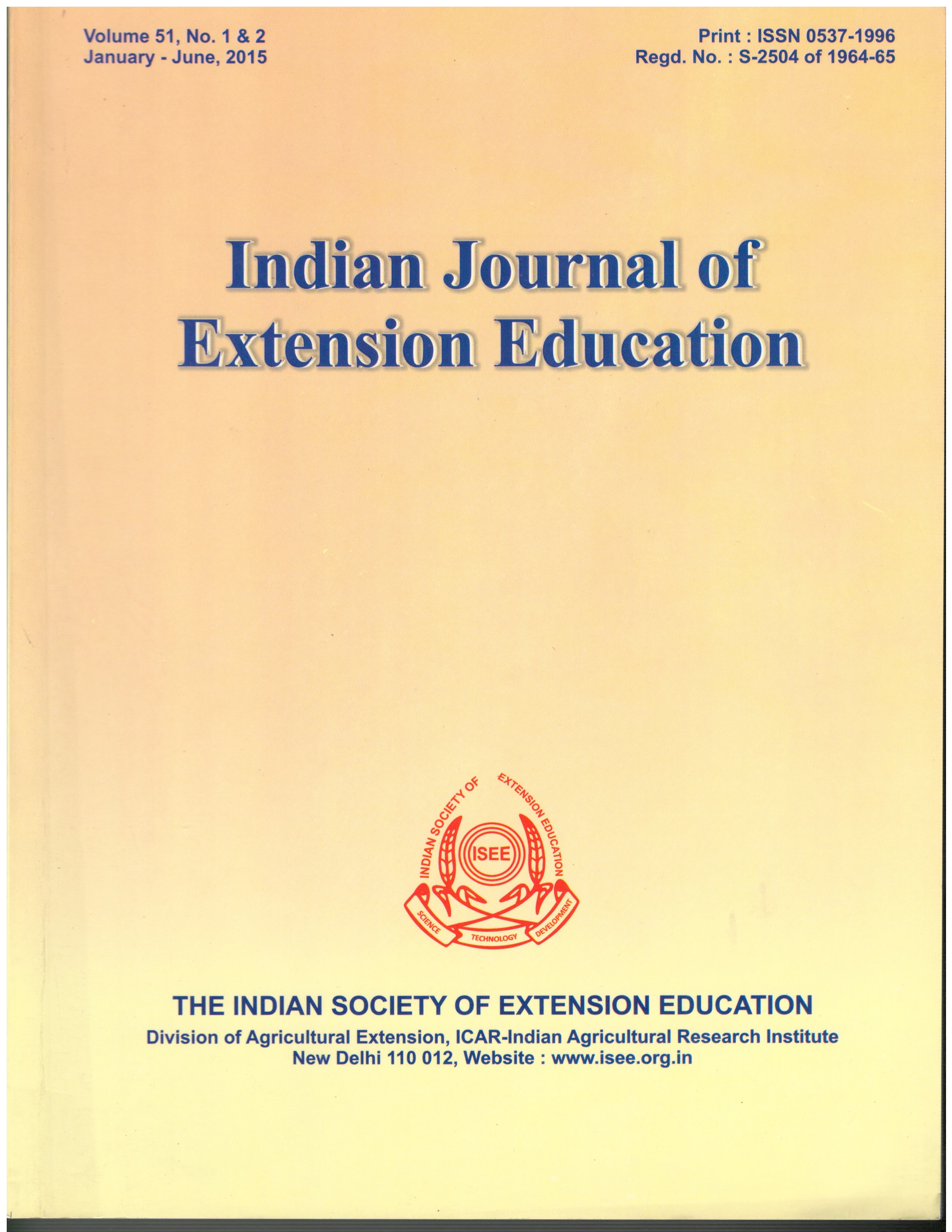					View Vol. 51 No. 1&2 (2015): Indian Journal of Extension Education
				