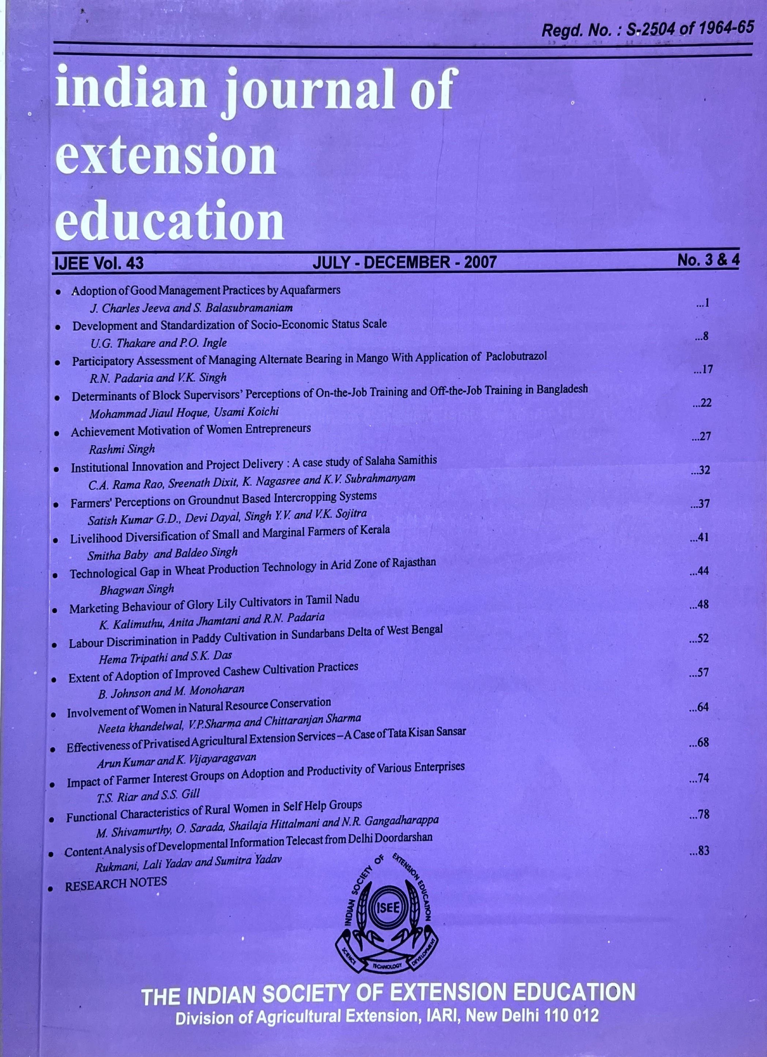 					View Vol. 43 No. 3&4 (2007): Indian Journal of Extension Education
				