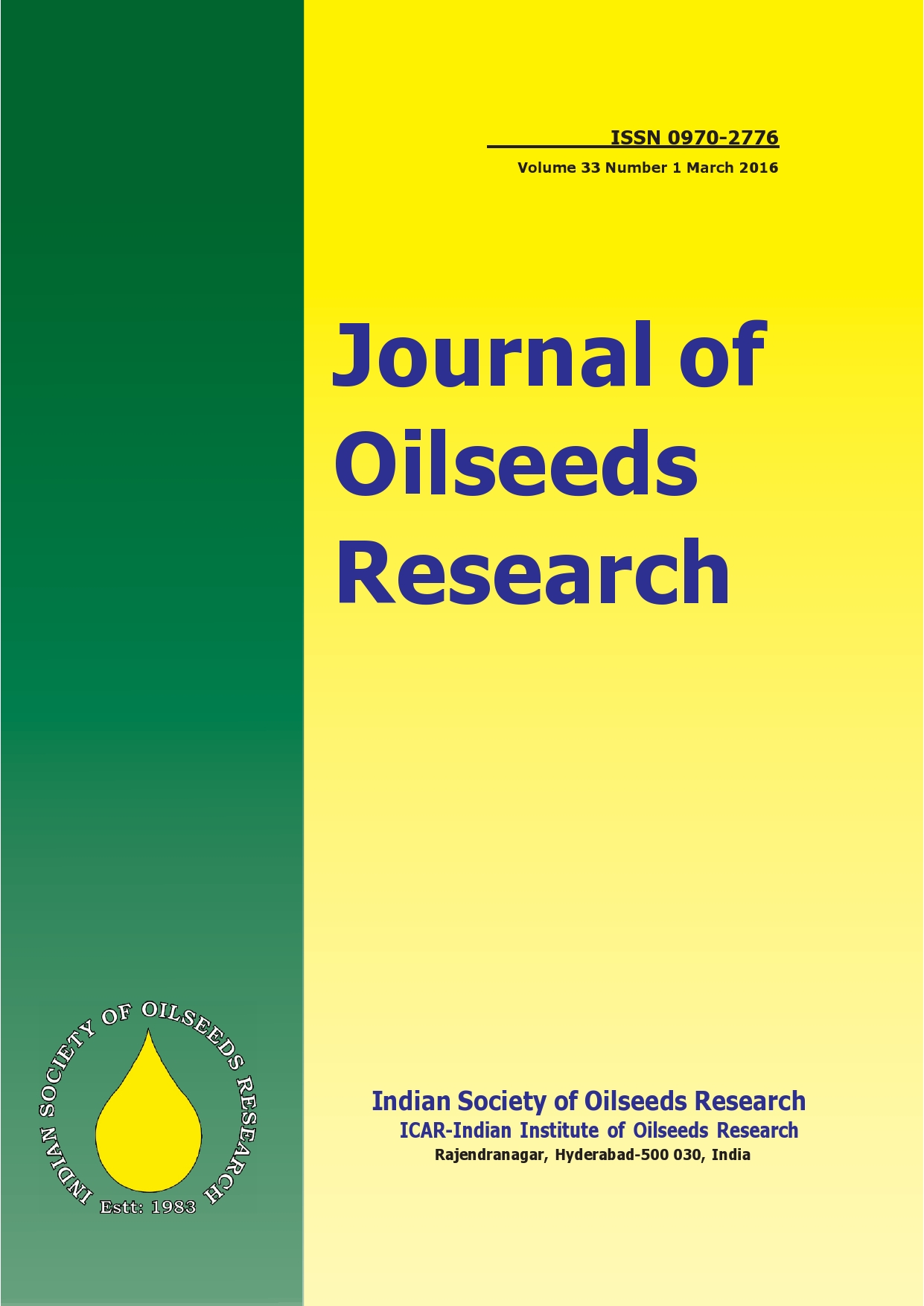 					View Vol. 33 No. 1 (2016): Journal of Oilseeds Research
				