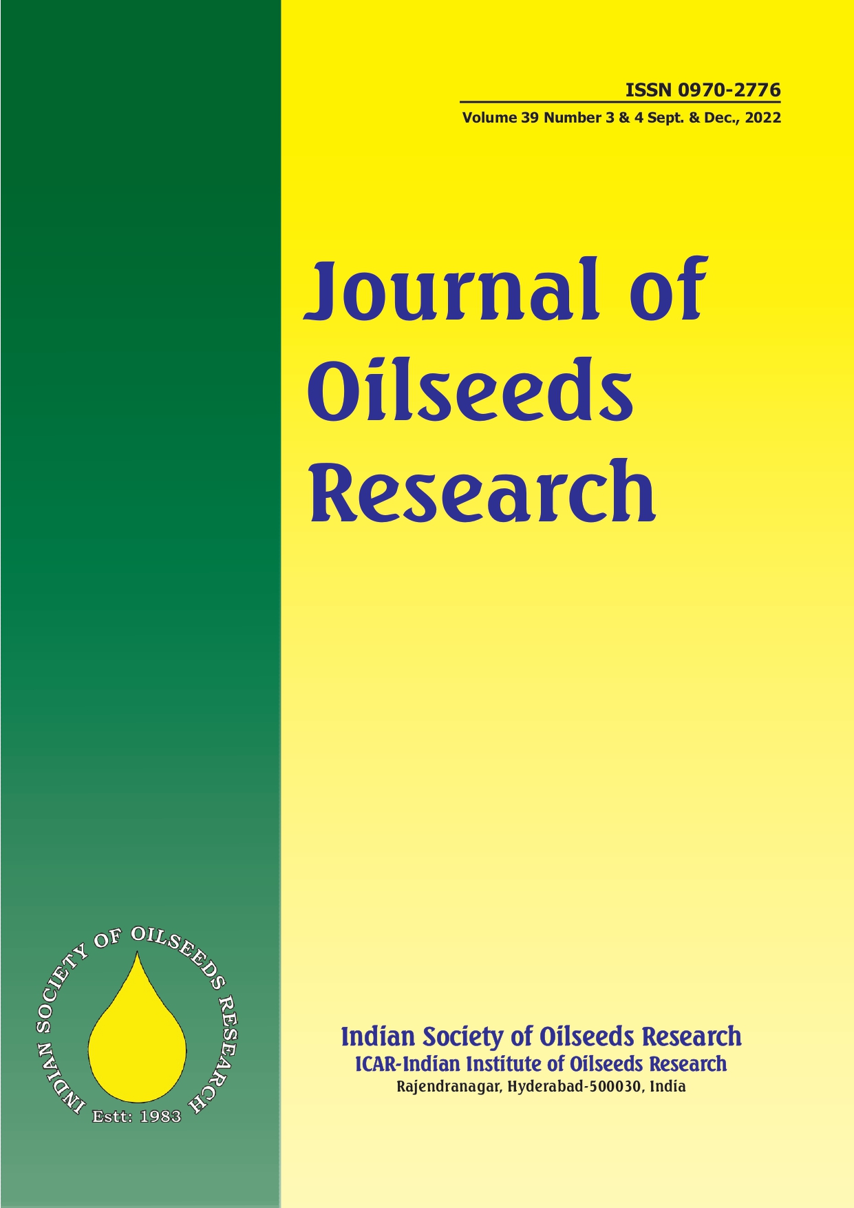 					View Vol. 39 No. 3and4 (2022): Journal of Oilseeds Research
				